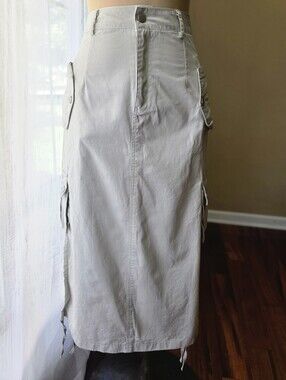 Khaki Cargo Maxi Skirt M Utility Pocket Drawstring Y2K Streetwear 11KN Cotton